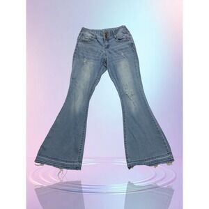 True Luck Womens Blue Denim Flared Jeans Distressed High Rise Size 9/10